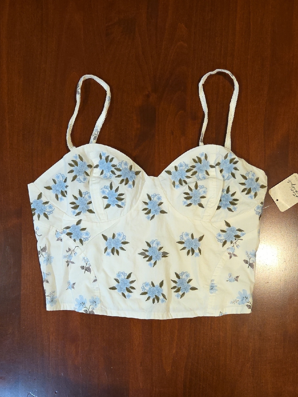Free People White Bustier Crop Top with Blue Floral Embroidery
